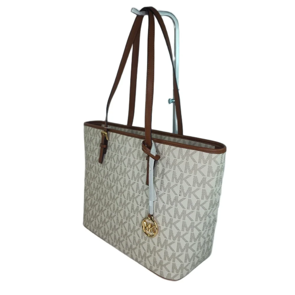 Michael Kors Quinn Large Signature Logo and Leather Tote - Vanilla/Acorn - NWOT